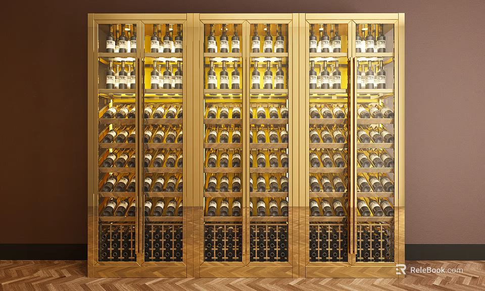 Luxurious Wine Cabinet With Golden Frame Glass Doors And Neatly Arranged Bottles 3d model 