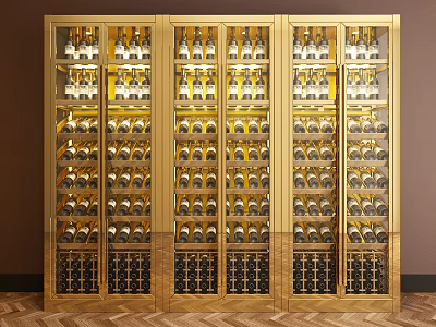 Luxurious Wine Cabinet With Golden Frame Glass Doors And Neatly Arranged Bottles 3d model