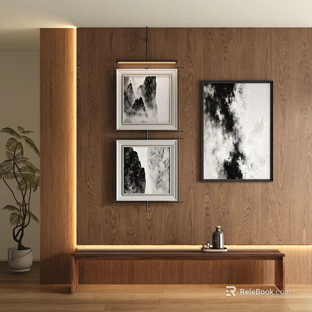 Black And White Abstract Paintings Hanging On Wooden Wall With Indoor Plant And Console Table 3d model 