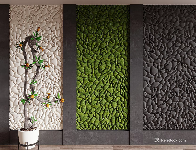 Three Textured Background Wall Panels in Ivory Green Charcoal with Decorative Branch Plant 3d model 