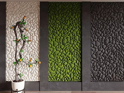 Three Textured Background Wall Panels in Ivory Green Charcoal with Decorative Branch Plant 3d model