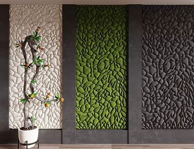 Three Textured Background Wall Panels in Ivory Green Charcoal with Decorative Branch Plant 3d model