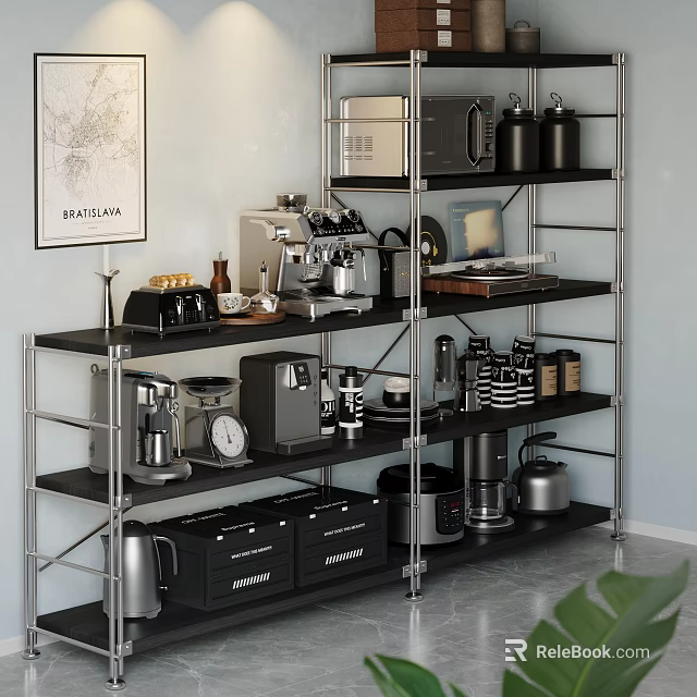 Sturdy Metal Storage Shelf With Coffee Machine Microwave Kettle Jars And Kitchen Storage Boxes 3d model 