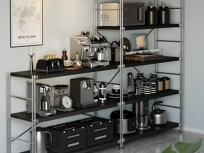 Sturdy Metal Storage Shelf With Coffee Machine Microwave Kettle Jars And Kitchen Storage Boxes 3d model