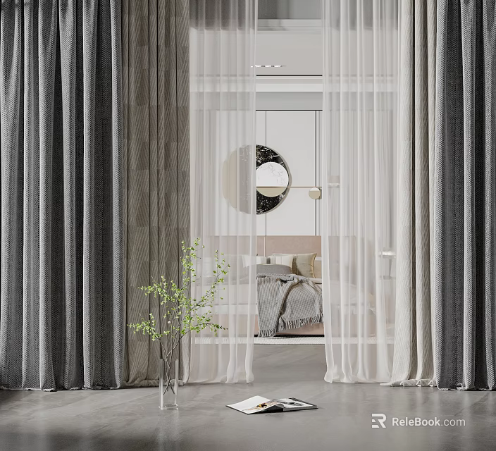 Gray Curtains And White Sheer Drapes In Modern Bedroom With Round Mirror Green Plant 3d model 