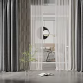 Gray Curtains And White Sheer Drapes In Modern Bedroom With Round Mirror Green Plant