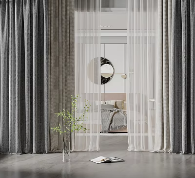 Gray Curtains And White Sheer Drapes In Modern Bedroom With Round Mirror Green Plant 3d model