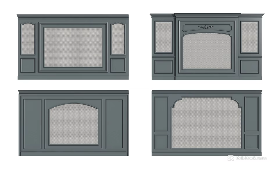 Modern Dark Gray Sofa Background Wall Design With Panel Grid And Arched Patterns 3d model