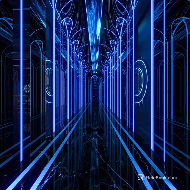 KTV Corridor Featuring Blue Neon Lights Arched Structures And Reflective Floor 3d model 