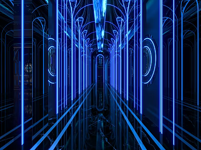 KTV Corridor Featuring Blue Neon Lights Arched Structures And Reflective Floor 3d model