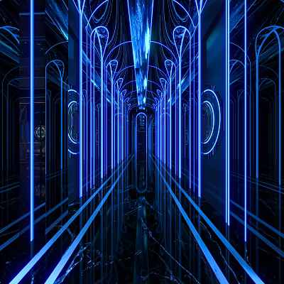 KTV Corridor Featuring Blue Neon Lights Arched Structures And Reflective Floor 3d model