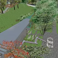 Scenic Park Landscape with Stone Pathway Abstract Sculpture Stone Walls and Trees