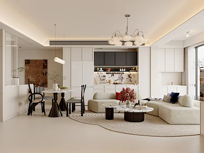Modern Living Dining Room Interior With Beige Sofa Dining Table Coffee Table And Chandelier 3d model