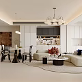 Modern Living Dining Room Interior With Beige Sofa Dining Table Coffee Table And Chandelier