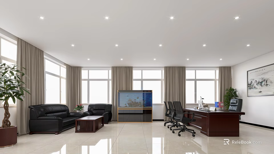 Spacious Modern Office With Large Windows Black Sofa Coffee Table Desk Chairs Green Plant And TV 3d model 