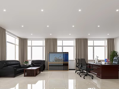 Spacious Modern Office With Large Windows Black Sofa Coffee Table Desk Chairs Green Plant And TV 3d model