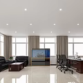 Spacious Modern Office With Large Windows Black Sofa Coffee Table Desk Chairs Green Plant And TV