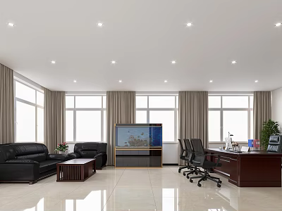 Spacious Modern Office With Large Windows Black Sofa Coffee Table Desk Chairs Green Plant And TV 3d model