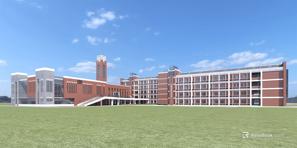 Red Brick School Building With Clock Tower And Green Lawn Under Blue Sky 3d model 