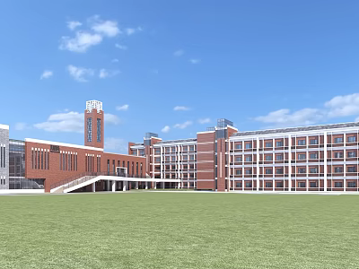 Red Brick School Building With Clock Tower And Green Lawn Under Blue Sky 3d model