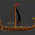 Ancient Warship With Red White Sails Decorative Bow Oars And Shield Details