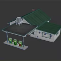 Gas Station Model With Green Roof White Building And Colorful Gas Pumps