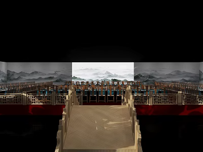 Traditional Chinese Banquet Hall Interior With Mountain Landscape Mural Red Accents And Arranged Seating 3d model