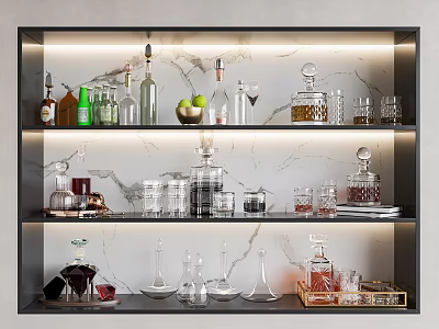 Elegant Glassware Set Display on Shelf With Marble Backdrop and Lighting 3d model