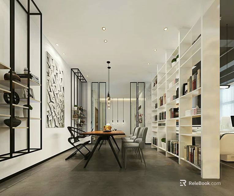 Modern Elegant Hotel Public Lounge With Bookshelves Dining Table Pendant Lights And Decorative Paintings 3d model 
