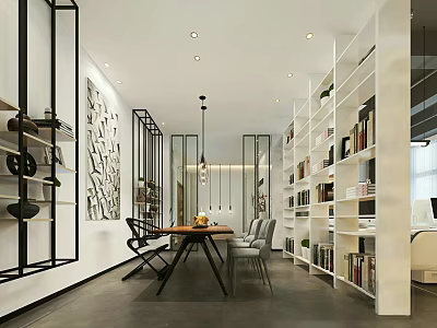 Modern Elegant Hotel Public Lounge With Bookshelves Dining Table Pendant Lights And Decorative Paintings 3d model