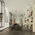 Modern Elegant Hotel Public Lounge With Bookshelves Dining Table Pendant Lights And Decorative Paintings