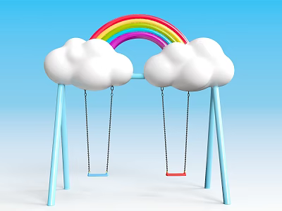 Colorful Rainbow Cloud Decorated Blue Frame Swings With Blue Red Seats 3d model