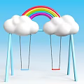 Colorful Rainbow Cloud Decorated Blue Frame Swings With Blue Red Seats