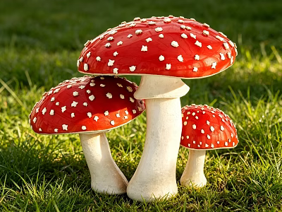 Shrubs in Lush Green Grass with Red White Spotted Mushrooms Nearby 3d model