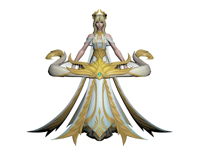 Elegant Female Character with Swan Creatures in Gold White Robe Crown and Green Gem 3d model