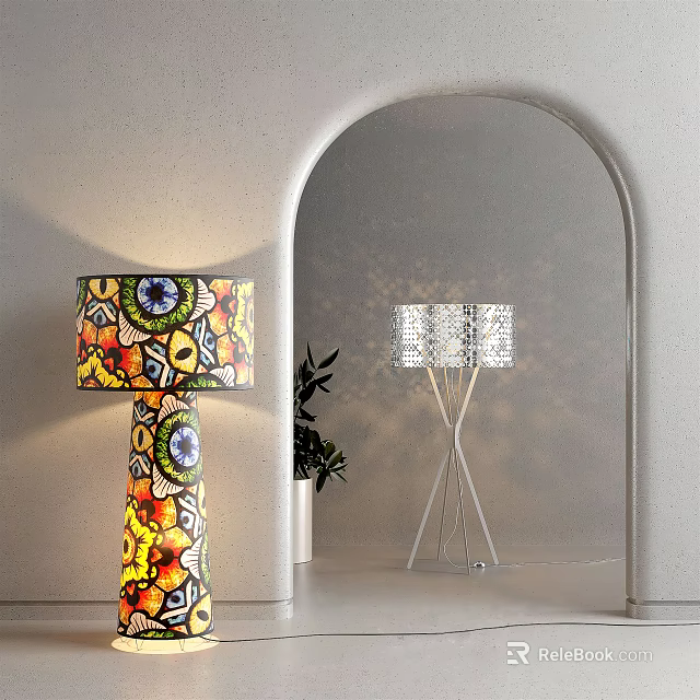 Colorful Artistic And Sleek Modern Floor Lamps With Patterned Shades In Interior Decor 3d model 