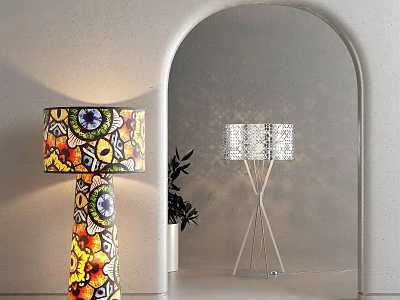 Colorful Artistic And Sleek Modern Floor Lamps With Patterned Shades In Interior Decor 3d model