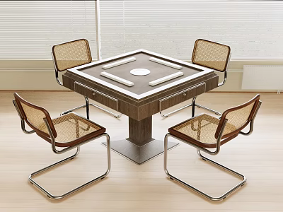 Elegant Modern Entertainment Table with Four Woven Chairs and Square Wooden Surface 3d model