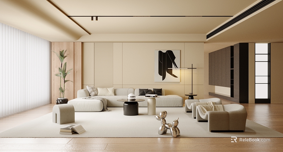 Modern Living Room Interior With Neutral Sofa Area Rug Decorative Sculptures Potted Plant Wall Art 3d model 