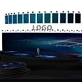 Modern Stage With Person Standing Center Large LED Screen Blue Lights LOGO And Circular Platform