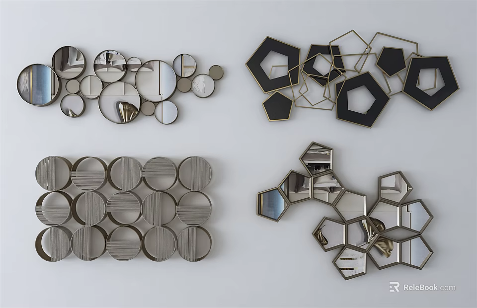 Modern Geometric Wall Decor with Circular Hexagonal Mirrored Metal Pieces 3d model