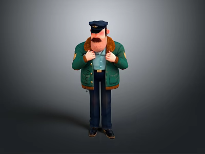 Cartoon Police Officer In Green Jacket With Brown Fur Collar Cap Mustache Hands On Chest 3d model