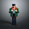 Cartoon Police Officer In Green Jacket With Brown Fur Collar Cap Mustache Hands On Chest