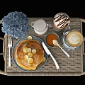 Homemade Pancakes With Syrup Milk And Coffee On Wicker Tray With Hydrangea