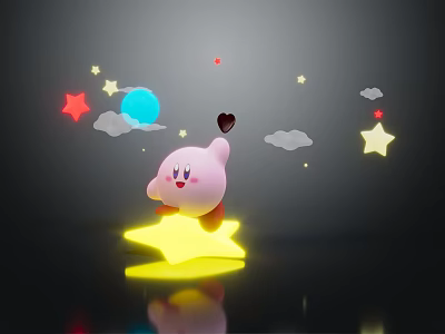 Pink Cartoon Character On Yellow Star With Stars Clouds Moon Heart In Dark Background 3d model