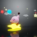 Pink Cartoon Character On Yellow Star With Stars Clouds Moon Heart In Dark Background