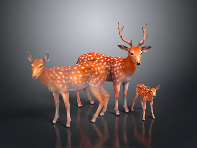 Three Spotted Deer Including Adult With Antlers And Fawn On Dark Background 3d model