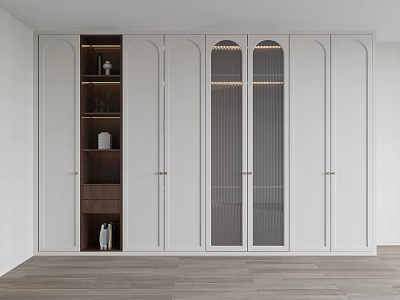 White Minimalist Wardrobe with Glass Doors and Wooden Interior Shelves 3d model