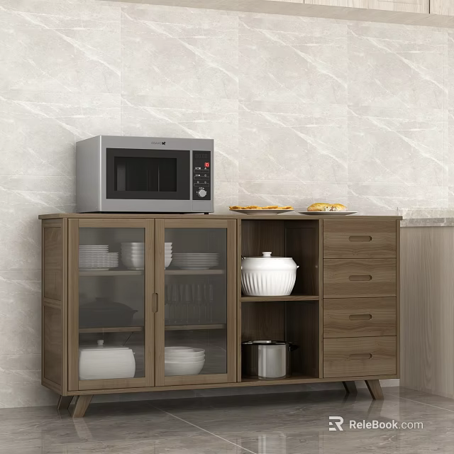 Wooden Sideboard with Glass Doors Drawers Microwave and Food Items on Top 3d model 