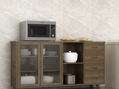 Wooden Sideboard with Glass Doors Drawers Microwave and Food Items on Top 3d model